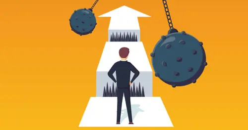 Person facing a difficult path with spikes and wrecking balls, representing resilience and overcoming challenges